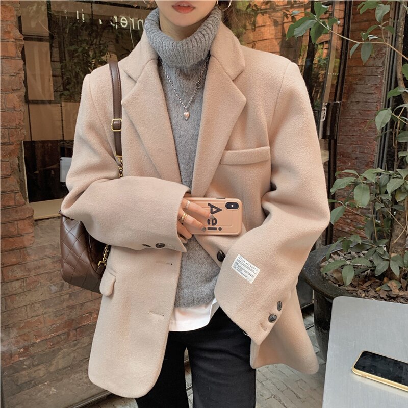 jinran Autumn Warm Wool Tailored Coats Women Loose Apricot Solid Suit Jackets Patchwork Long Sleeves Outwear Korean Fashion New