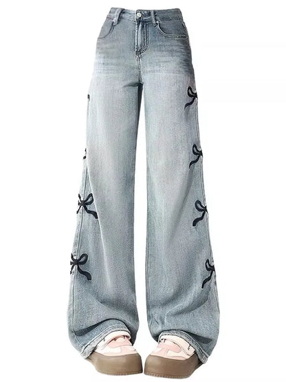 jinran High street Bow Embroidered Jeans for Women's 2024 Baggy Jeans Casual Fashion Straight New Design Wide Leg Loose Jean