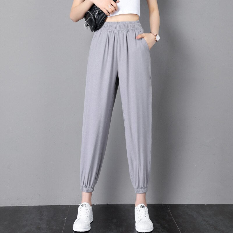 jinran 2022 New Ice Silk Sports Pants Student Women'S 9 Point Casual Summer Style Loose And Thin Mosquito Proof Lantern Trousers Female