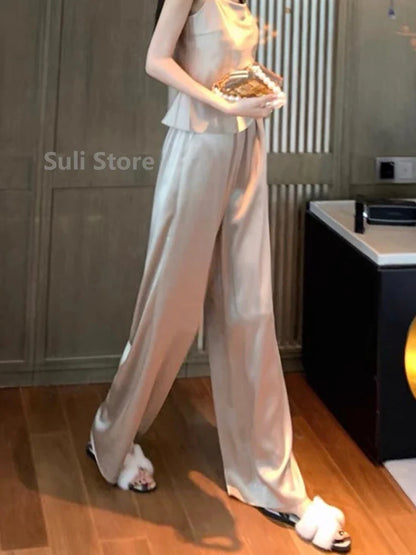 jinran Acetate Satin Wide-Leg Pants for Women 2024 Summer New High Waist Drooping Mop Trousers Baggy Straight Trousers Tide