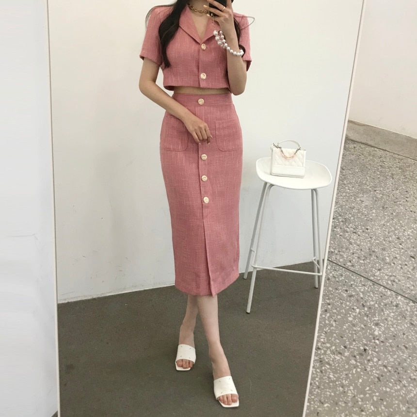 jinran Fashion Korea Elegant Lapel Thin Tweed Small Suit Short Jacket + High Waist Chic Button Slim Womens Two Piece Skirt Sets Summer