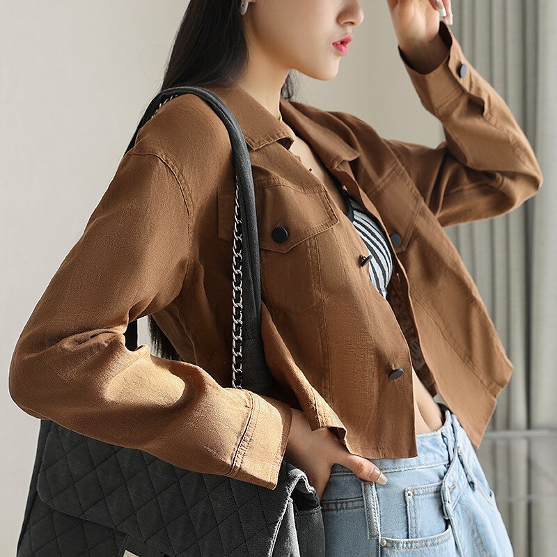 jinran Casual Spring New Turn-down Collar Linen Short Women Jackets 2022 Simple Solid Color All Match Button Female Coats