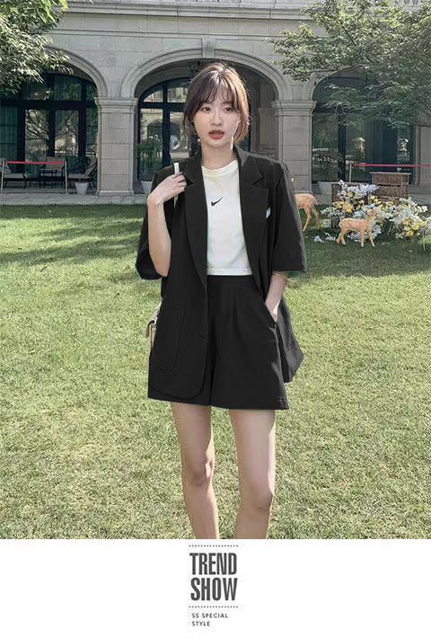 jinran Summer New Loose Casual Elegant Women's Shorts Suit Fruit Green Jacket Shorts Two Piece Set Female Tracksuit Office Leisure Suit