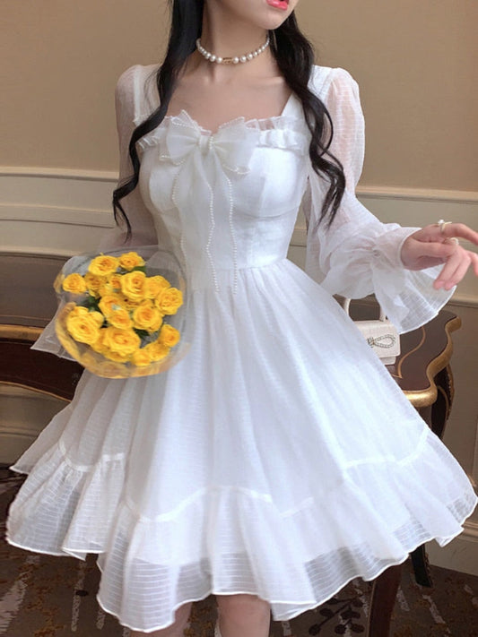jinran White Kawaii Dress Women Chiffon Lolita Style Long Sleeve Mini Dresses Bow Fairy Robe Ruffles Patchwork Square Collar