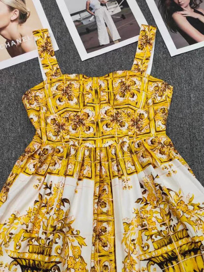 jinran Fashion yellow flower porcelain printed corset cup suspender dress 2024 summer women's new waist swing long A-line skirt