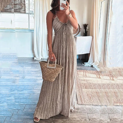 jinran Women Maxi Dress Summer Casual Printed Halter Sleeveless V Neck Lace Up Backless Beach Loose Dresses High Streetwear