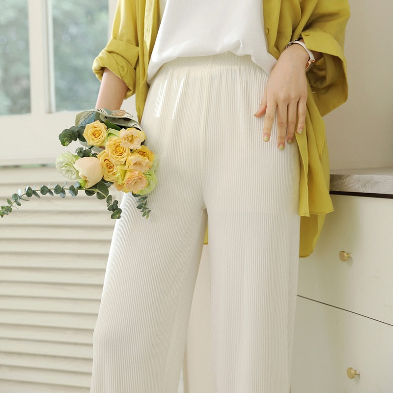 jinran Korean Ice Silk Wide Leg Pants Women'S Spring Autumn New Summer High Waist Hanging Loose Straight Tube Casual Knitted Trousers