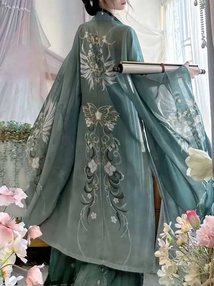 jinran Retro Chinese traditional women's Hanfu Song Dynasty green Hanfu printed dress women's role play dress.