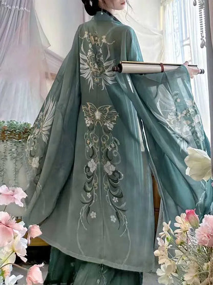 jinran Retro Chinese traditional women's Hanfu Song Dynasty green Hanfu printed dress women's role play dress.