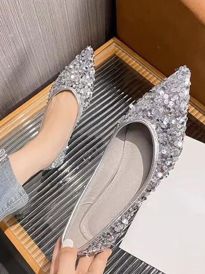 jinran French Style Sequin Sexy Single Shoes Women Summer Shallow Opening New Flat Slip-on Shoes Female Fairy Beanie Gentle Shoes 2024