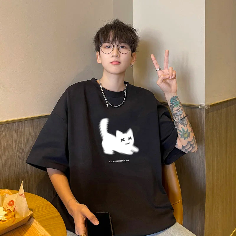 jinran Men's Oversized T-shirts Cotton T Shirt White for Men Casual Summer Wear Cat Anime Print Fashion Tee Shirts Men Clothing