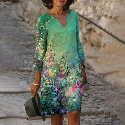 jinran Women Elegant Dress Summer Fashion Loose V-Neck Half Sleeve A-Line Dress Sundress Female Vintage Print Midi Dresses Vestidos