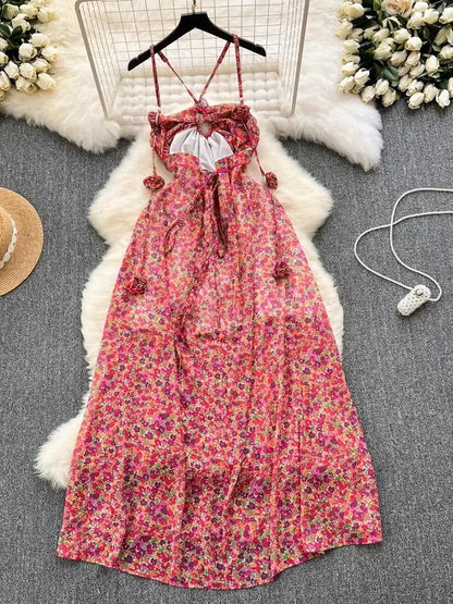 jinran Summer Sexy Spaghetti Strap Halter Beach Dress New Boho Maxi Backless Flower Print Red Chiffon Vestidos One Piece Long Robe