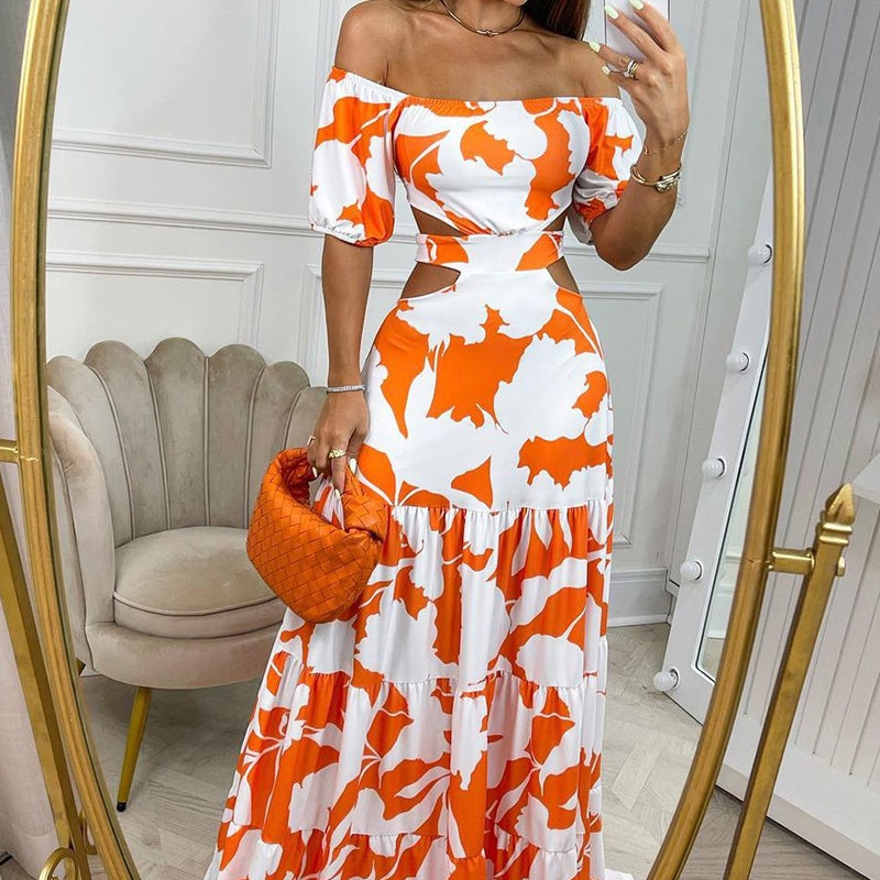 jinran Women Dress Sexy Off-Shoulder Printed Cutout Lace-Up Dresses  Evening Party Beach Long Skirt Robe Femme