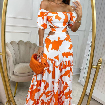jinran Women Dress Sexy Off-Shoulder Printed Cutout Lace-Up Dresses  Evening Party Beach Long Skirt Robe Femme
