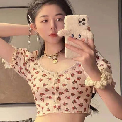 jinran Elegant French Style Summer Women Puff Sleeve Floral T shirts Casual Lace Patchwork Slim Cropped Tops Streetwear Harajuku Tee