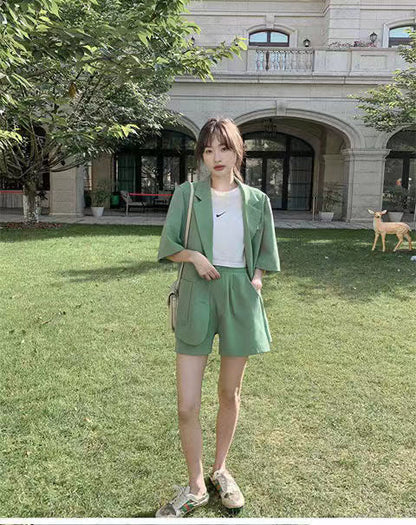 jinran Summer New Loose Casual Elegant Women's Shorts Suit Fruit Green Jacket Shorts Two Piece Set Female Tracksuit Office Leisure Suit