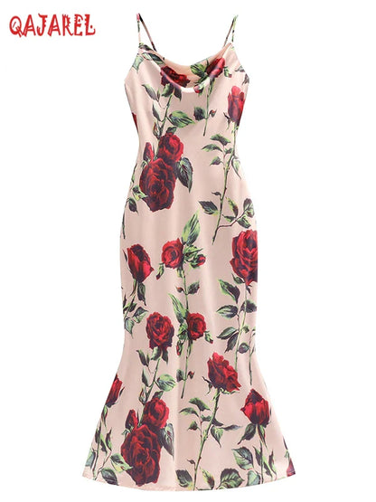jinran 2024 Summer Vintage Elegant Rose Printing Sling Sexy Dress V-neck Chic Evening Chiffon Dresses Fashion Prom Party Maxi Vestidos