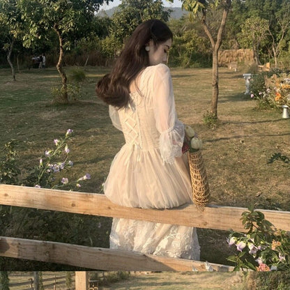 jinran Women Lace Elegant Princess Party Fairy Dress French Vintage Midi Dress Female Spring Casual Korean Wedding Victorian Dress