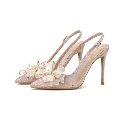 jinran New temperament high heels with thin heels, pointed toes, shallow mouth, pearl butterfly wedding shoes, crystal bridal shoes