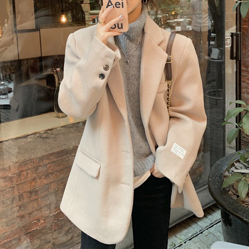 jinran Autumn Warm Wool Tailored Coats Women Loose Apricot Solid Suit Jackets Patchwork Long Sleeves Outwear Korean Fashion New