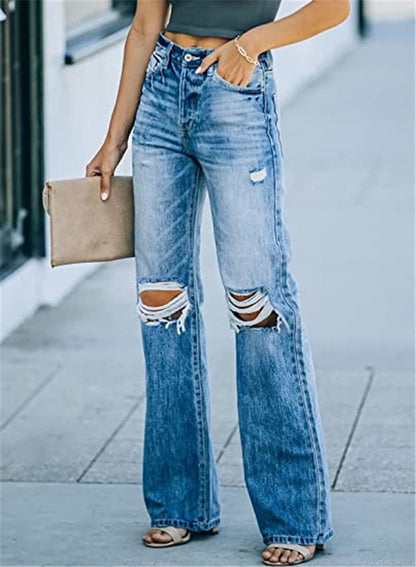 jinran High Waist Autumn New Retro Flared Pants Loose Casual Ripped Wide Leg Pants Straight Leg Jeans Women's Street Pants