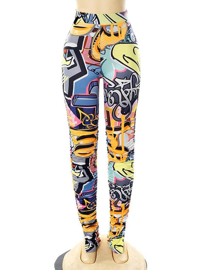 jinran Summer Women Casual Y2K Clothes Tie Dye Print Ruched Side Slit High Waist Pants Graphic Aesthetic Hip Pop Drop Shipping