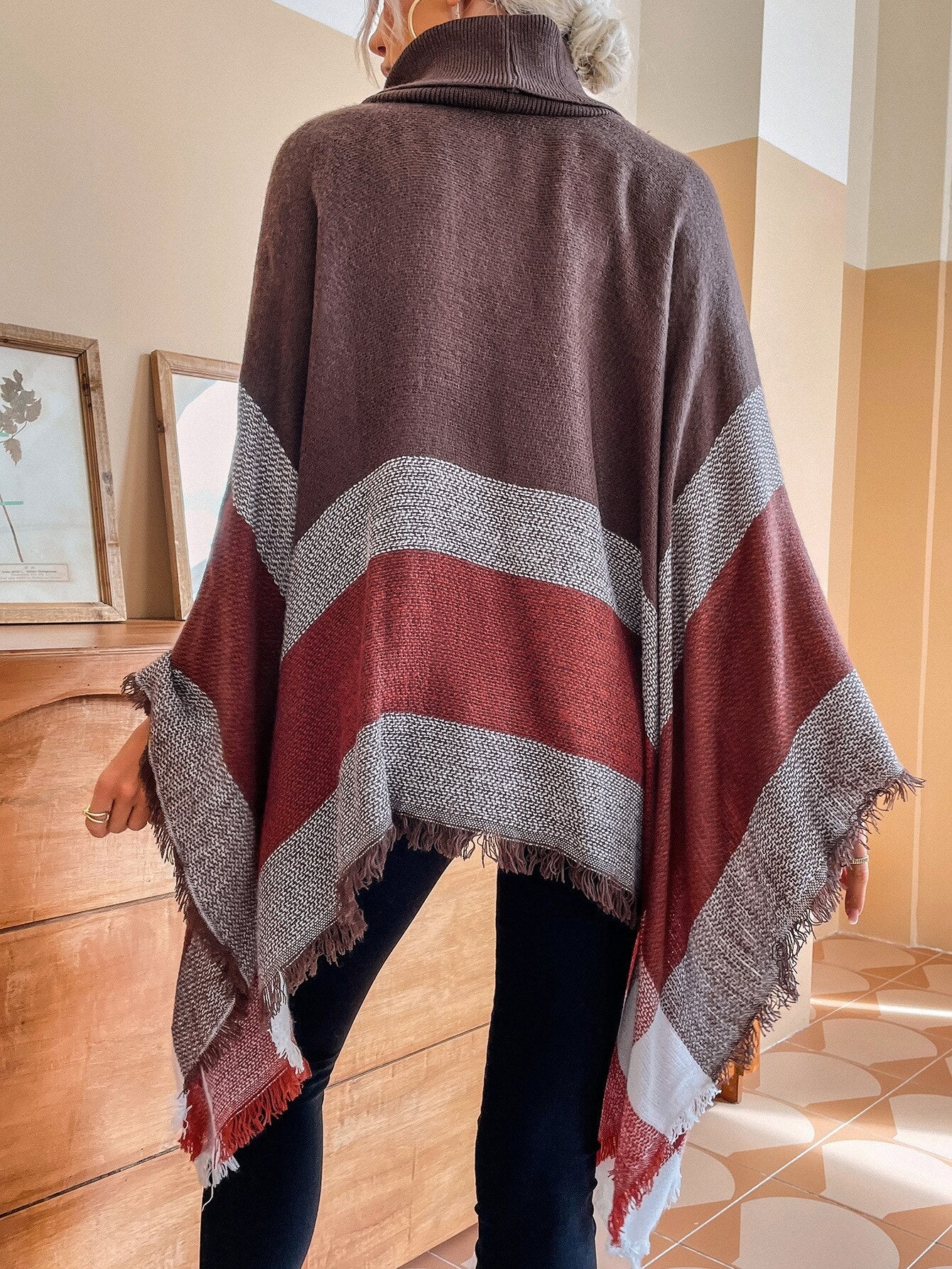 jinran Autumn Winter New Turtle Neck Plaid Fringed Shawl Cloak Fashion Casual Coat Cloak Pullover Women Sweater Long Sleeve Top