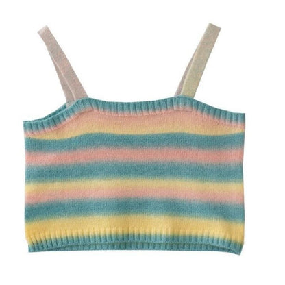 jinran Women Rainbow Striped Crop Tops Female Knitted Sleeveless Tank Tops Summer Camisoles Sweet Girls Casual Party Daily Club Vest