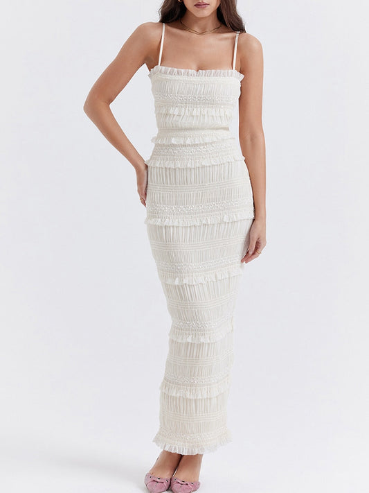 jinran Women Sling Long Dress, Sleeveless Off Shoulder Solid Color Ruffle Party Club Summer Spring Dress