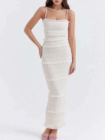 jinran Women Sling Long Dress, Sleeveless Off Shoulder Solid Color Ruffle Party Club Summer Spring Dress