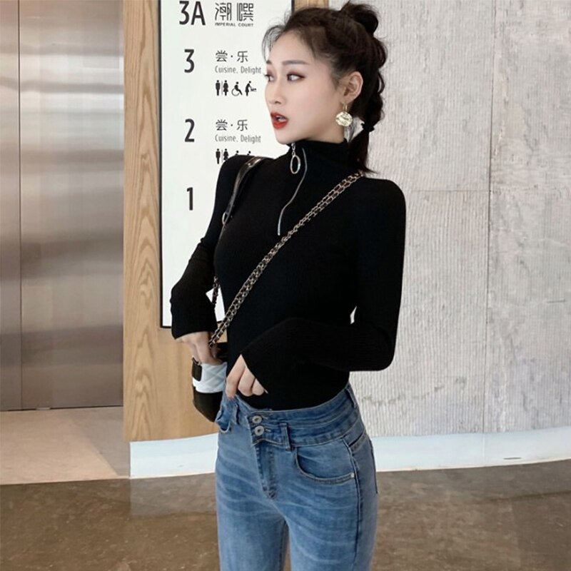 jinran New Fashion Woman Sweaters Women's Outer Wear Black Turtleneck Sweater Autumn Winter Zipper Pullover Slim Fit Sweater Tops