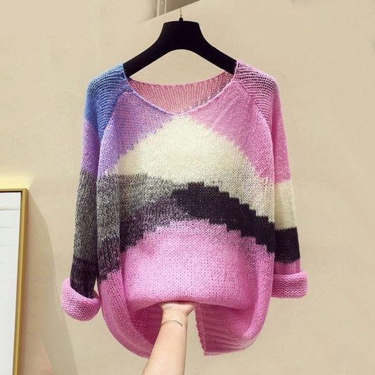 jinran Wild Korean V-Neck Thin Hollow Out Contrasting Colors Women's Clothing Slight Strech Patchwork Irregular Pullovers Spring Summer
