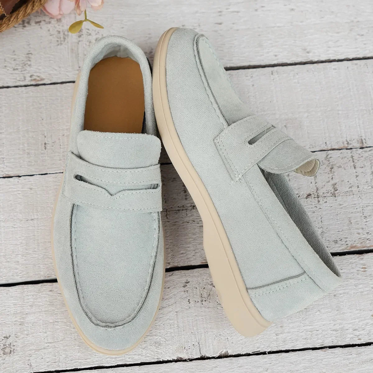 jinran Women Flat Shoes Khaki Suede Summer Walk Shoes Slip-on Lazy Loafers Causal Moccasin Comfortable Mules Driving Shoes