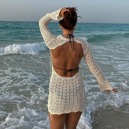 jinran Vintage Crochet Flower Hollow Out Dress Cover-Ups Chic Women Sexy Knit Backless Tie-up Mini Dress Summer Beach Holiday Bodycon