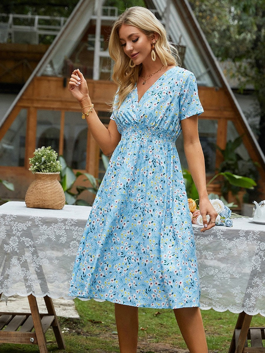 jinran Floral Print Shirred Waist Flared Hem Dress Summer Women Holiday Short Sleeve V-neck A-line Long Dress Robe Femme