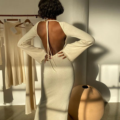 jinran Sexy Dress  Solid Knitted Open Back Flared Long Sleeve Maxi Dress Elegant Sexy Clothes for Women2024 Fall Resort Wear