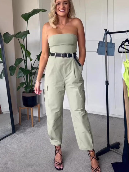 jinran 2023 Women Summer Strapless Jumpsuits With Belt Causal Solid Sleeveless Wrapped Chest Fashion Jumpsuit Full Cargo Pants