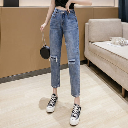 jinran 2022 New Lady Spring And Summer Light Blue Pierced Jeans Women'S Fashion Loose Dad Harlan Trousers High Waist Slim 9-Point Pants