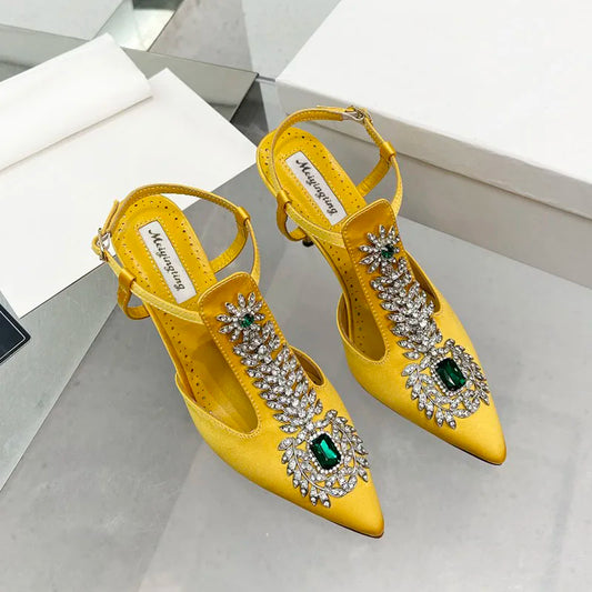 jinran Ladies Wedding Shoes Rhinestone Pointed Toe High Heels Satin Gemstone Stiletto Sandals 2022 New Baotou Fairy Pump Wedding Shoes