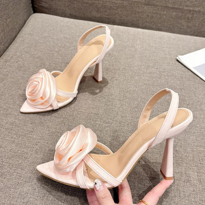 jinran Summer Fashion Silk Rose Flowers Pointed Open Toe Back Strap Sandals Women Red High Heels Wedding Prom Shoes Zapatos Mujer