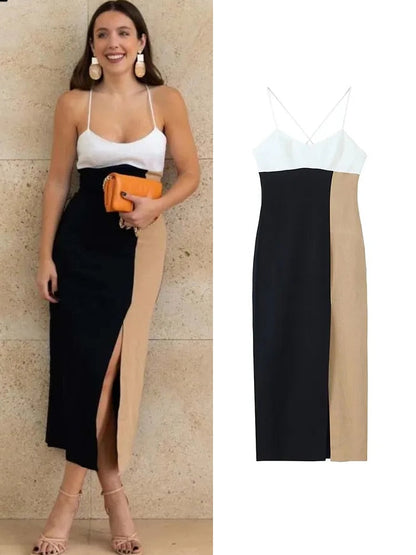 jinran Summer Women Multicolor Sheath Dress 2023 New Female Casual Square Neck Sleeveless Backless Front Slit Mid-Calf Long Dress