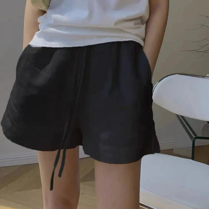 jinran White Cotton Linen Shorts Women's Sports Casual Pants 2024 Summer Thin Small Drawstring High Waist Loose Wide Leg Pants