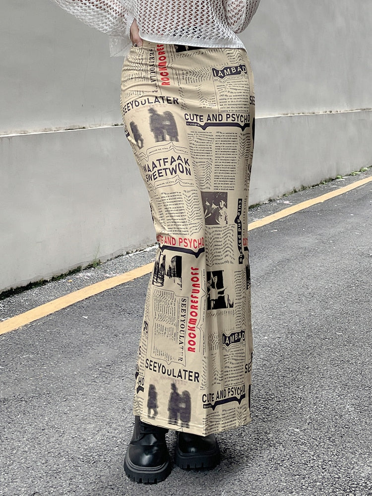 Vintage Newspaper Letter Print High Waist Long Skirt Women Distressed Harajuku Slim Pencil Skirts Aesthetic Y2K Chic