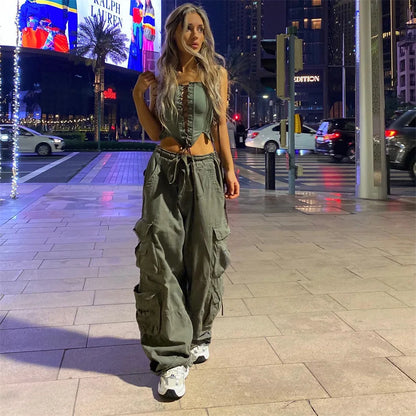 jinran Women's High Waisted Cargo Pants Travel Y2K Streetwear Baggy Stretchy Pants with 6 Pockets Drawstring Ankle Cuffs