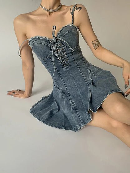 jinran Women Denim Dress Hip Package Elastic Drawstring Lace Up Spaghetti Starp Mini Bodycon A-line Vestidos Sexy Streetwear Clothes