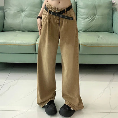 jinran Woman American High Waist 2000s Y2k Jeans Female 90s Vintage Designer Baggy Pants Girls Harajuku Fashion Brown Denim Trousers