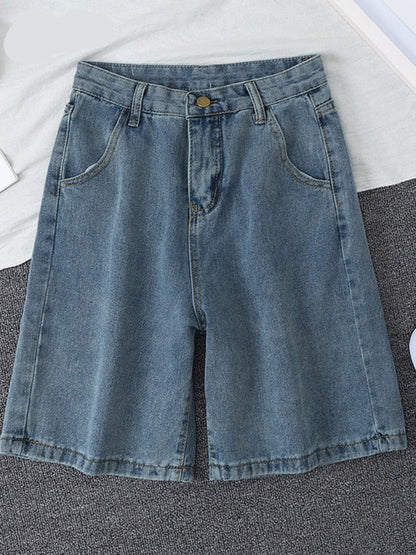 jinran 2024 New Summer Women High Waist Blue Wide Leg Denim Shorts Casual Female Solid Streetwear Stright Jeans Bermuda Shorts