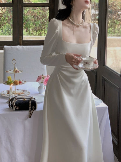 jinran 2023 Spring New Elegant Square Collar Midi Party Dress  For Women Long Sleeve Black White Slim Vestidos Female Clothes