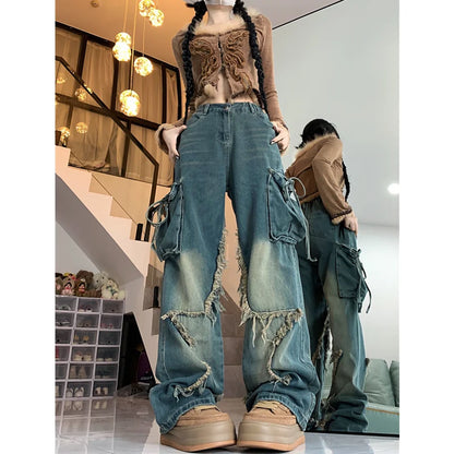 jinran Women's Black Gothic Baggy Sense of Design Cargo Jeans Harajuku Y2k Aesthetic Jeans Pants Vintage Clothes Hip Hop Denim Trousers